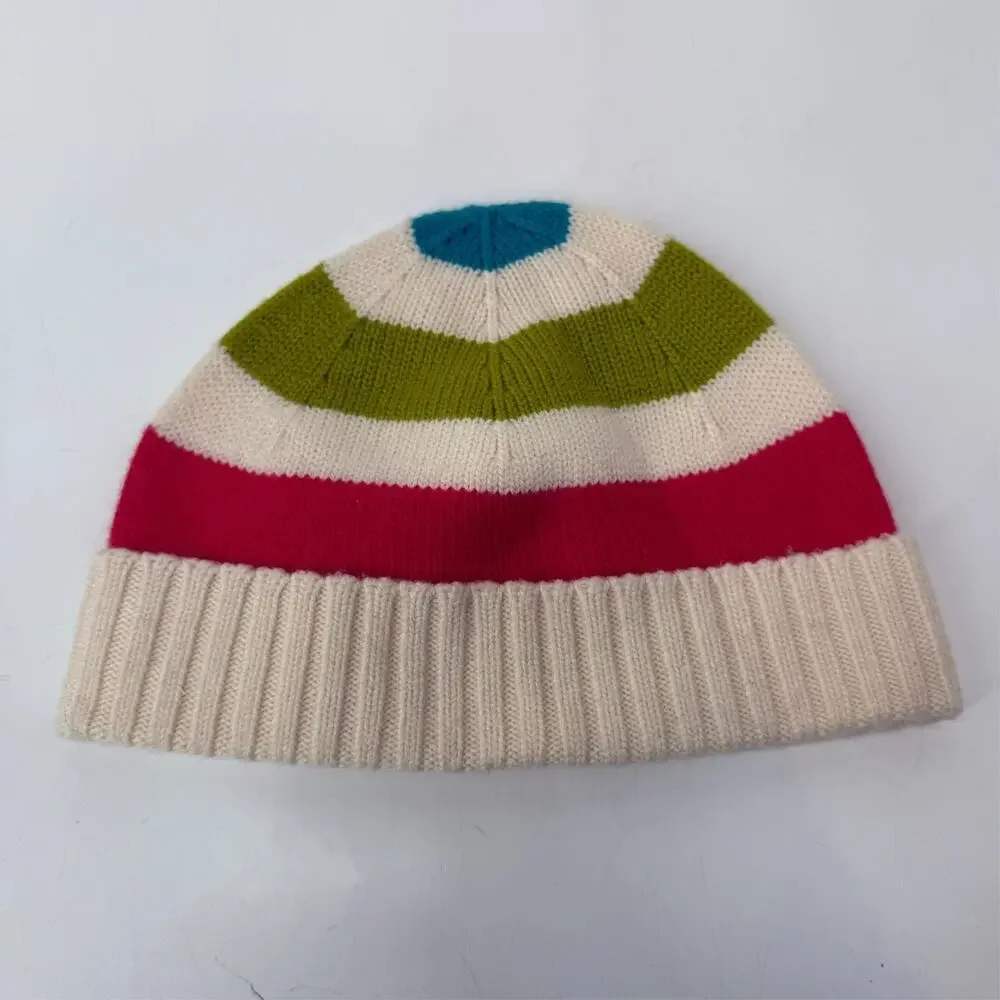 Kate Spade 100% Wool Beanie Hat One Size White Multicolor Striped Red Bow Ribbed
